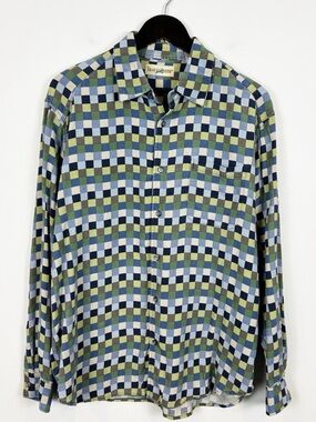 TravelSmith Square Check Button Down Men's Size Large Green / Blue Vintage